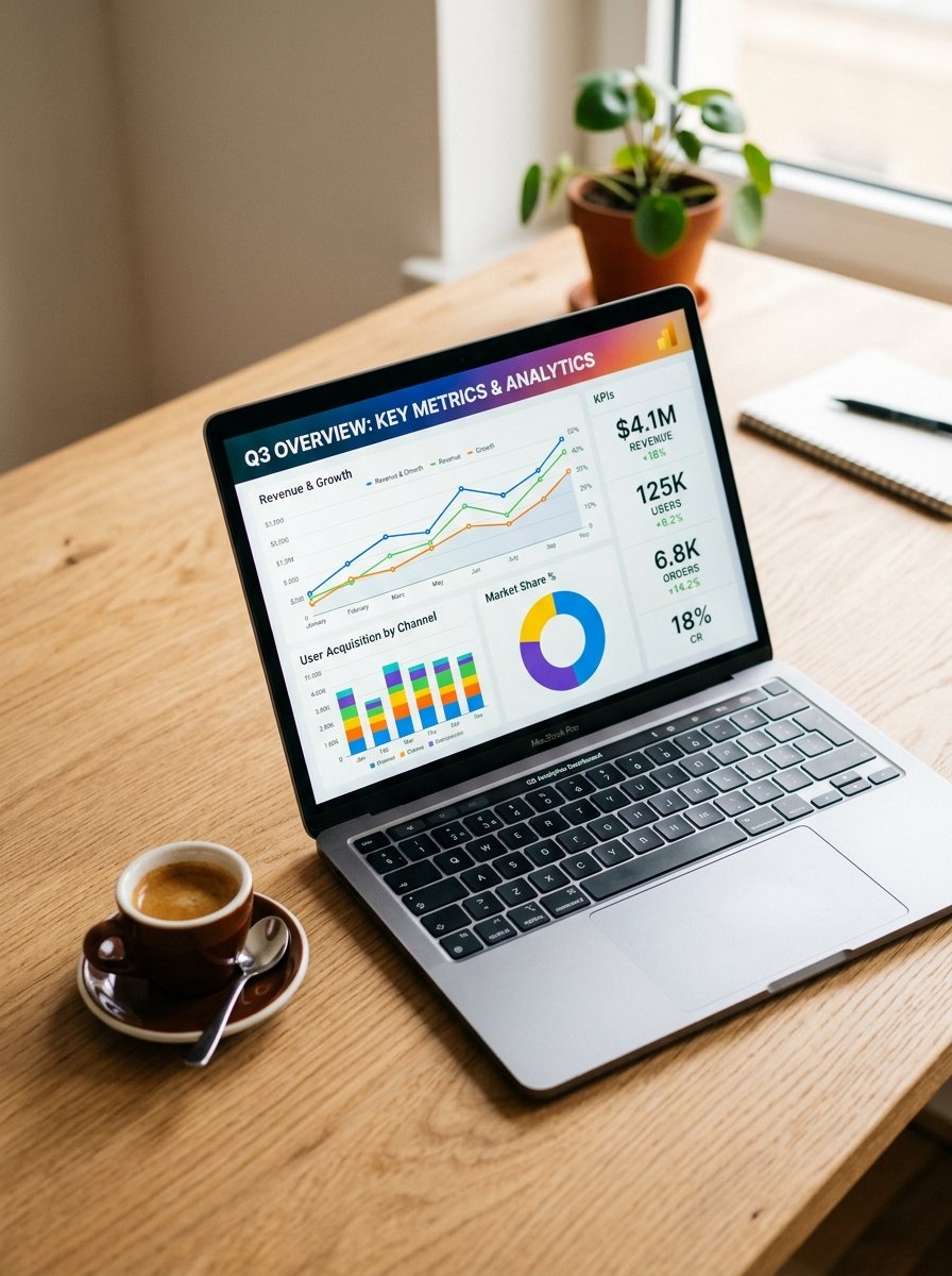 Data analytics workstation with charts and coffee